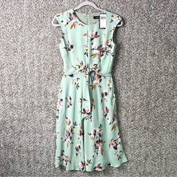 Lauren Ralph Lauren Dress Womens 0 Light Teal/White Floral Short Sleeve Midi NWT - Picture 1 of 7